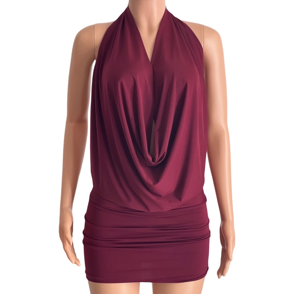 Burgundy Backless Low Cut Plunging Neckline Drape Halter Dress - HandMade In USA